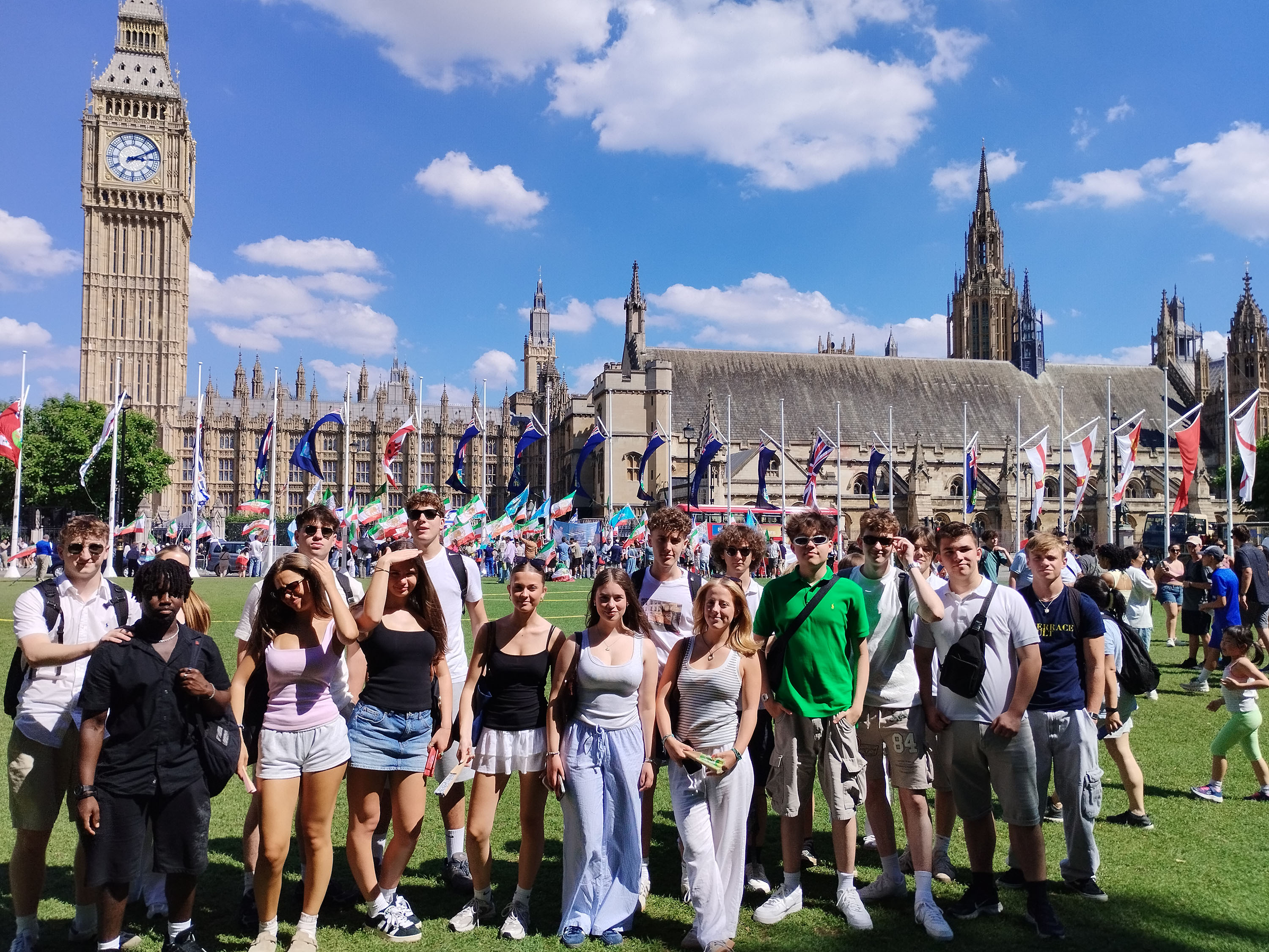 Sixth Form pupils on a Politics trip to London pose for a photo outside the Houses of Parliament