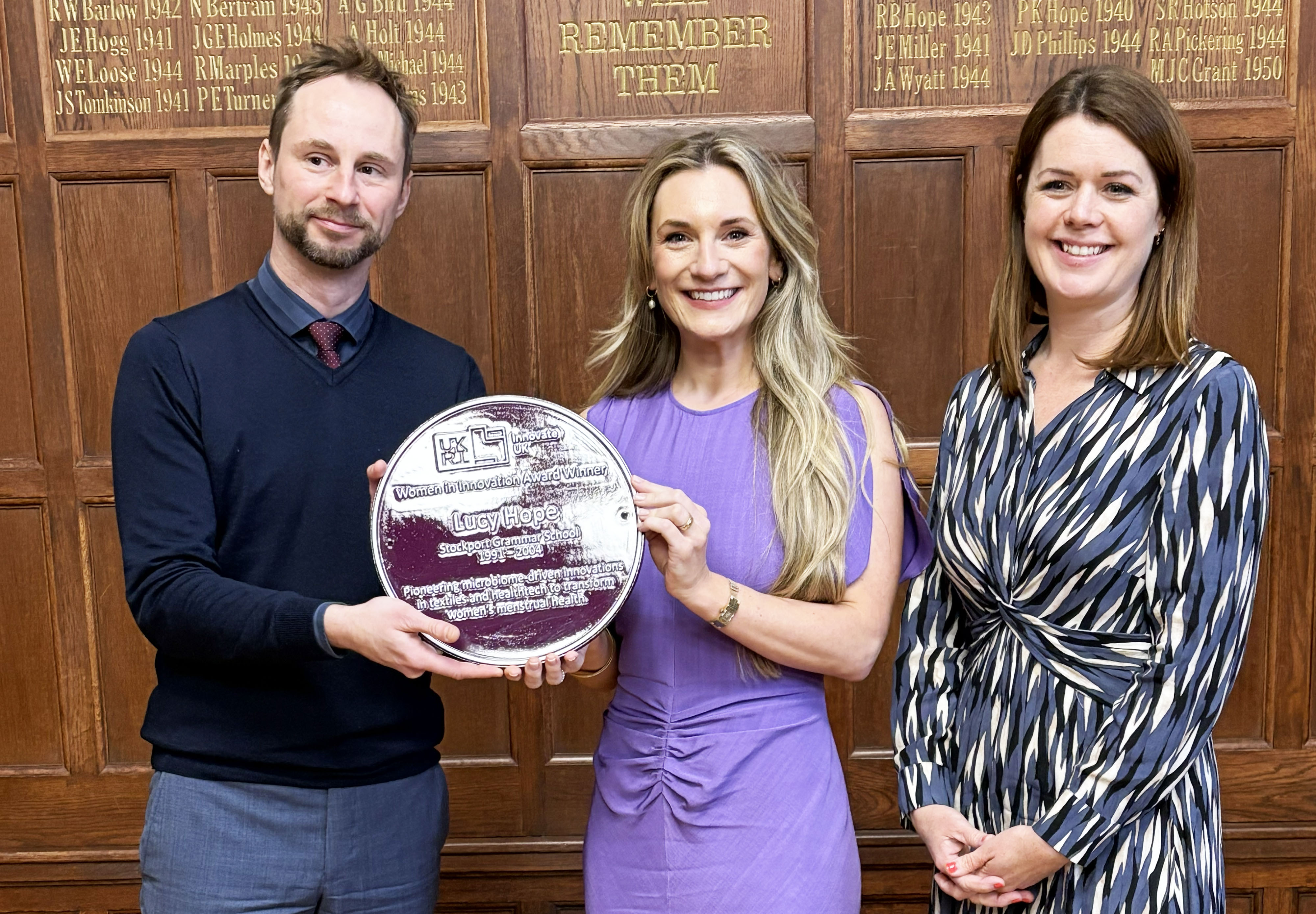 Old Stop Lucy Hope with a member of the team from InnovateUK and the Head Mrs Sarah Capewell