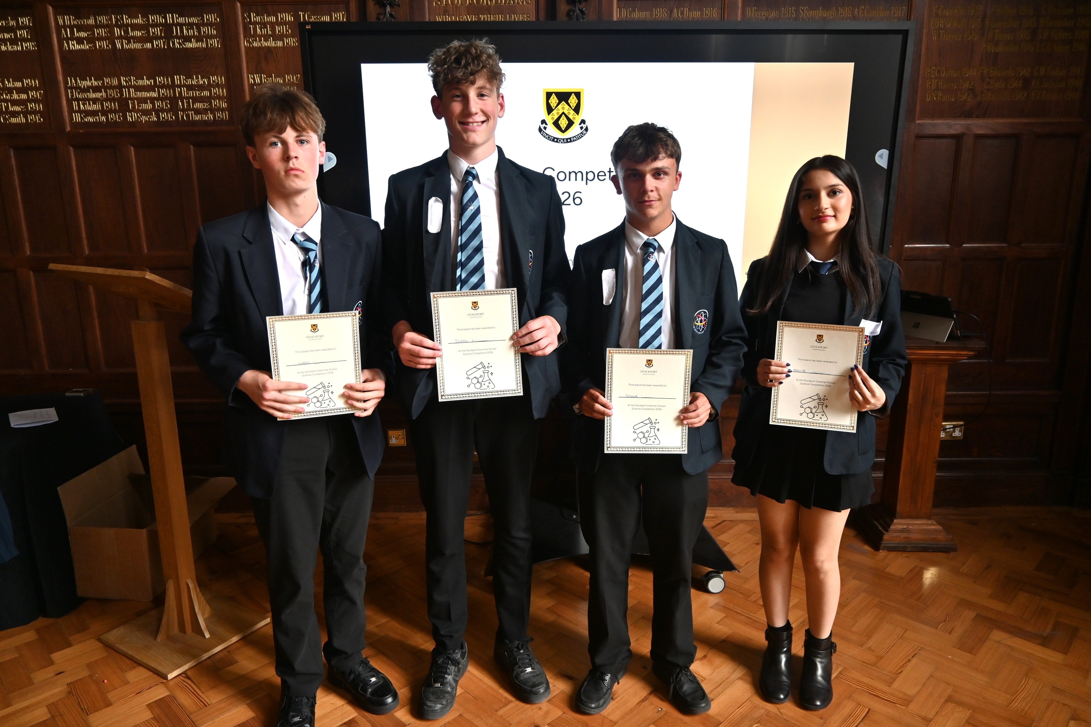 One of the teams taking part in the 2026 Year 10 Science Competition pose for a photo with their certificates in the Hallam Hall