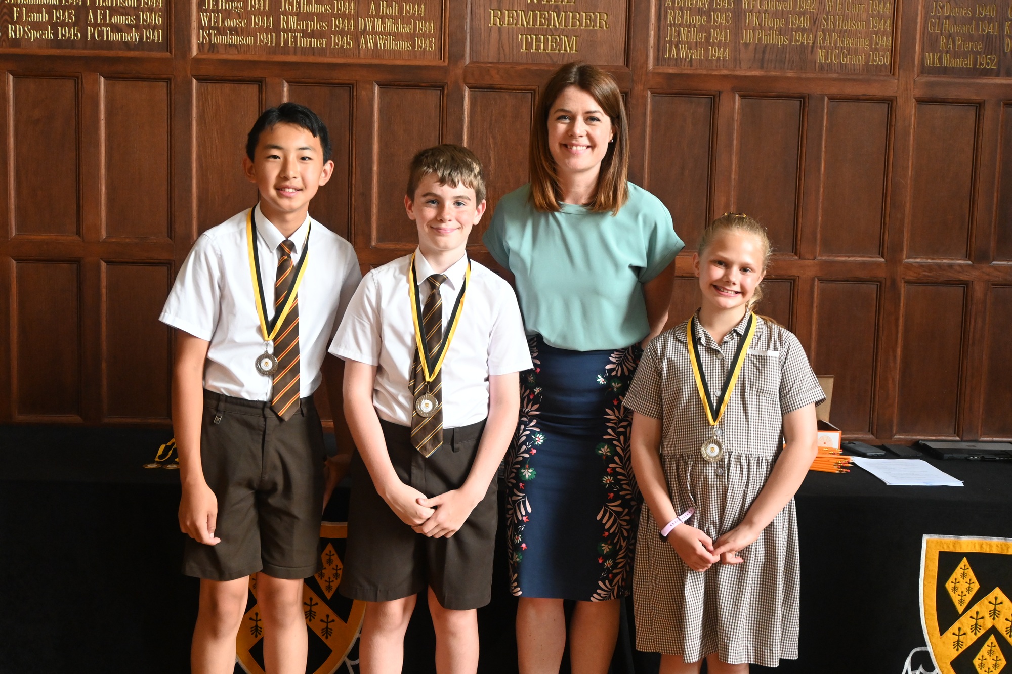 Medal winners at the 2026 Year 5 Maths Competition pose for a photo with Head Mrs Sarah Capewell
